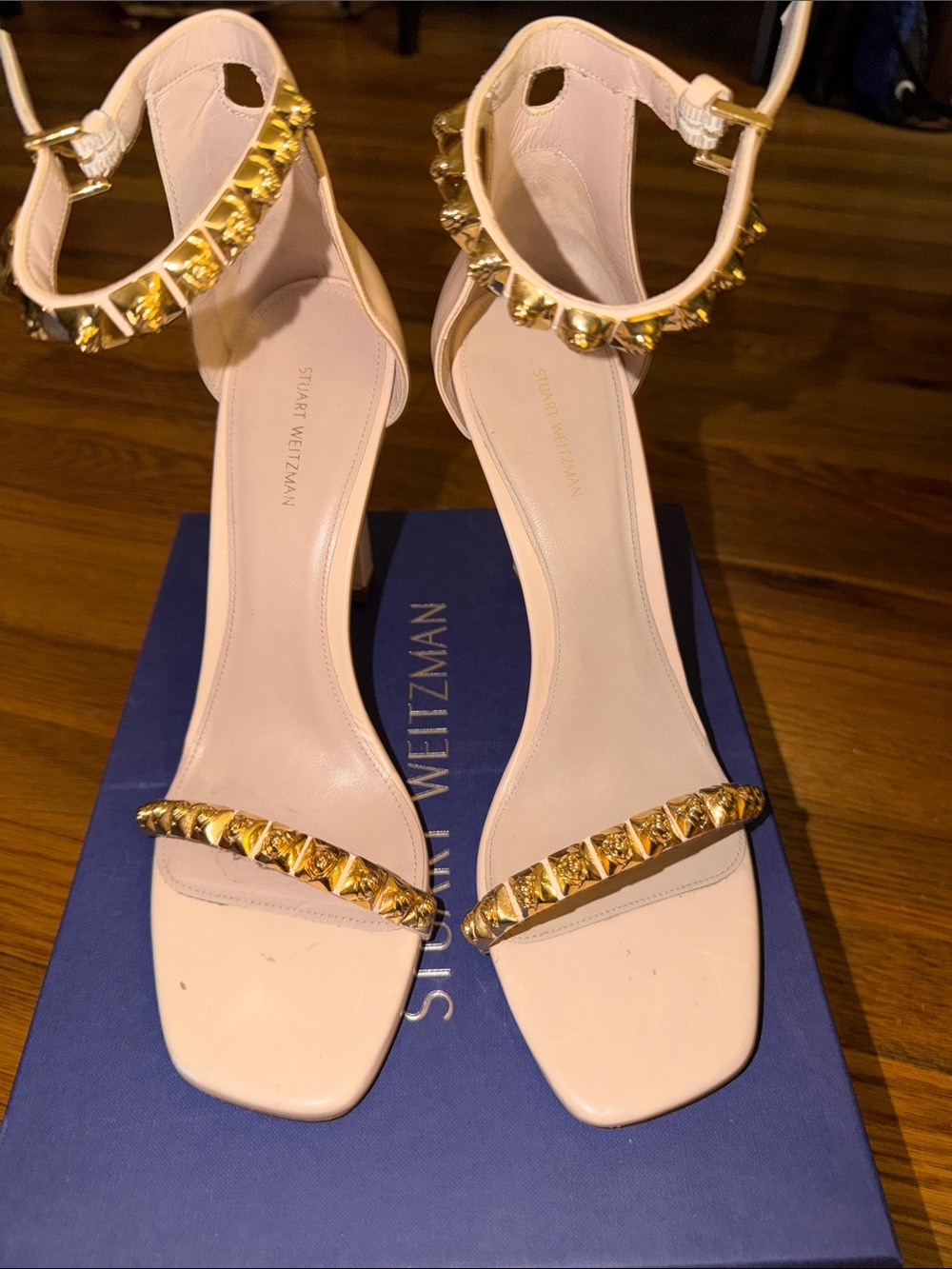 Stuart Weitzman Blush Sandals with Gold Pyramid Studs
